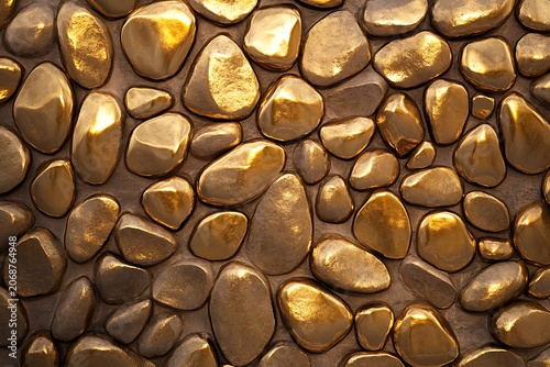 Golden stones on a brown surface with shiny reflective texture
