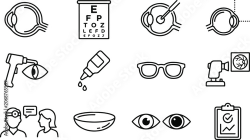 Fotografie Handdrawn icons of eyes and visionrelated objects and tools