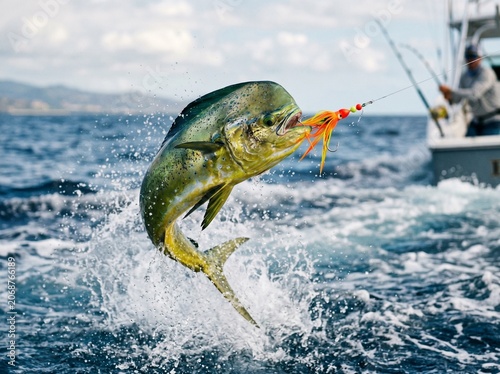 exciting mahi mahi leaping water fishing lure saltwater adventure sport catch
