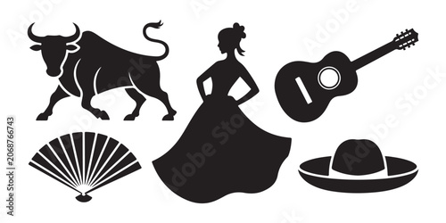 Obraz na płótnie Spanish culture icons set, bull flamenco dancer guitar fan and sombrero, traditional symbols
