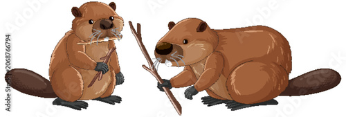 Cuadro en lienzo Cartoon Beavers Holding Wooden Sticks for Dam Building Illustration