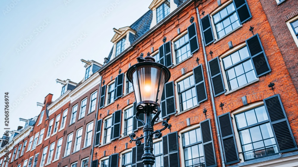 Obraz premium Vintage street lamp illuminated in front of historic European red brick buildings and black shutters