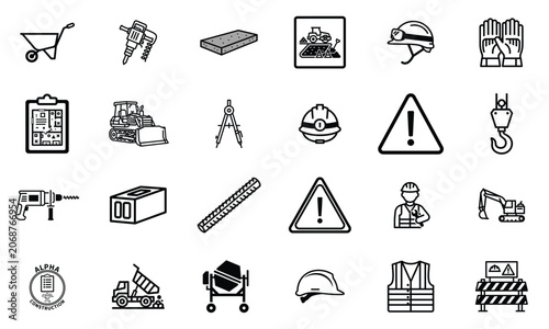Set of construction and engineering icons for building sites and industrial projects with construction engineering industry building equipment