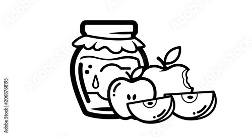 Apple Jam Jar with Fresh Fruit Slices Line Icon