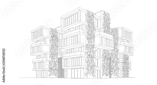 Architectural Sketch of Modern Sustainable Building with Vertical Gardens