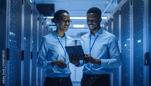 Tech Professionals Collaborate Using Tablet in Server Room