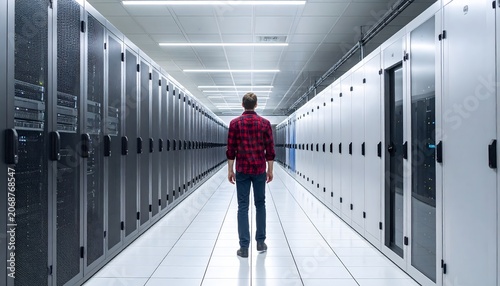 Man Walks in Data Center Server Room