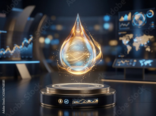 Golden drop of water with flowing energy in modern office space during late hours