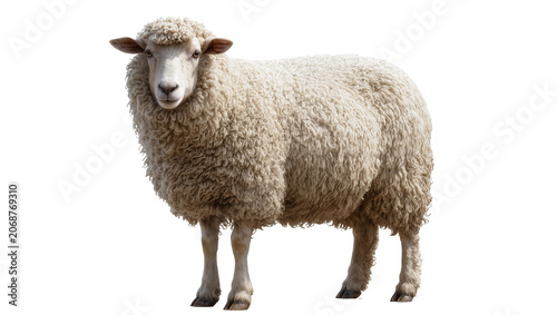 Fotografie Woolly sheep with thick fleece standing on white