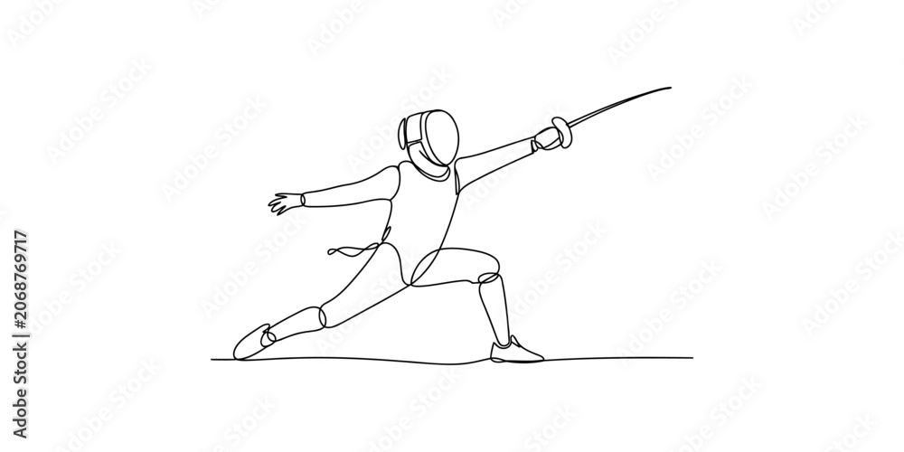 Fototapeta premium A fencer in a fighting stance with a sword in hand, wearing protective gear, isolated on white background
