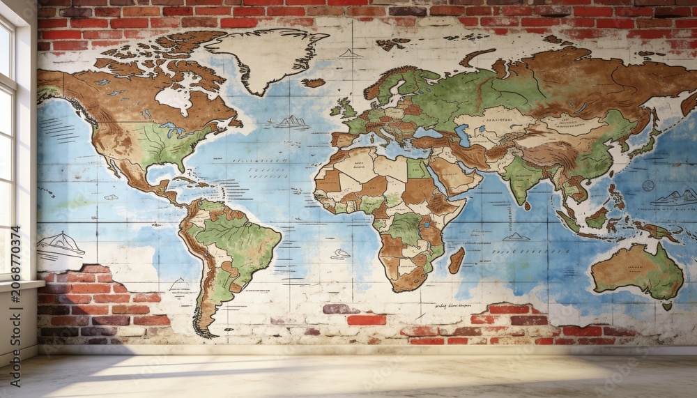 Naklejka premium Displaying vintage world map mural on exposed red brick wall in loft with multi-pane window light