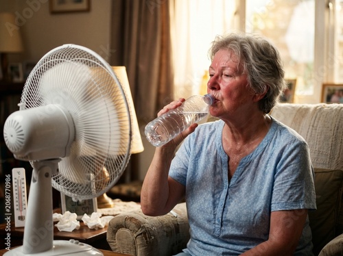 exhausted elderly lady hydrating hot weather fan relief dehydration heat stroke prevention

