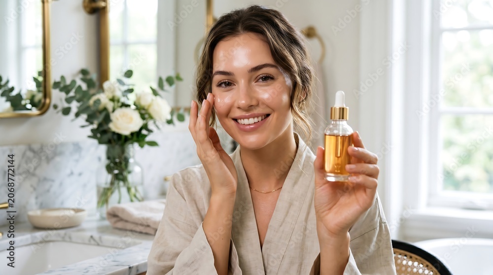 Fototapeta premium Smiling senior woman applying skincare oil