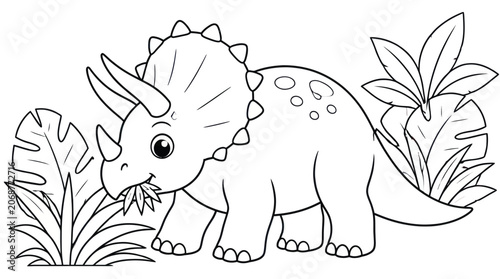 Photography A cartoon dinosaur with horns eats leaves in a prehistoric jungle