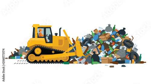 Obraz na plátně A yellow bulldozer pushes a large pile of assorted garbage and debris