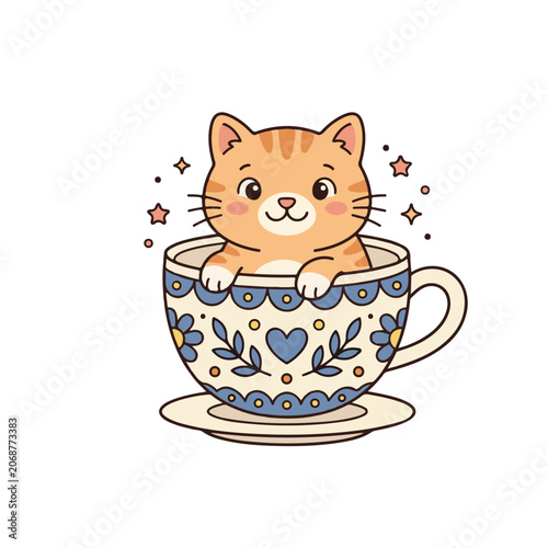 Cute cartoon orange tabby cat sitting in a blue floral teacup with saucer, smiling and surrounded by sparkles.