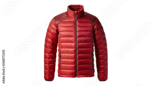 Fotografie Red quilted puffer jacket with zipper and stand-up collar