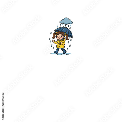 Cartoon girl walking in rain with umbrella and yellow raincoat smiling cheerfully on a cloudy day