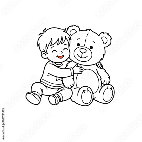 A cheerful young boy hugs a big teddy bear, vector illustration for kids and children activities.