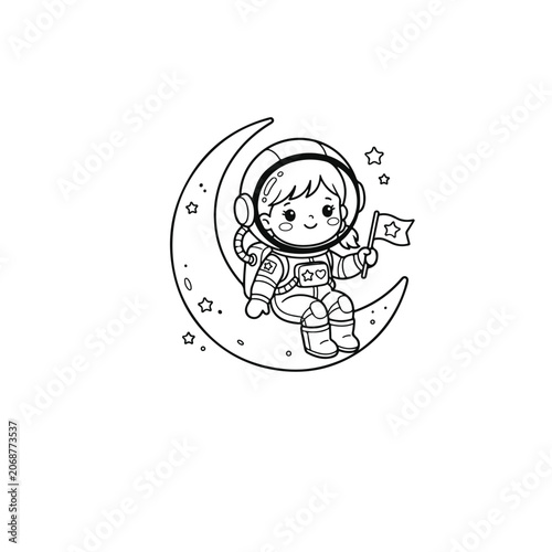 Cute cartoon astronaut child sitting on crescent moon with flag, smiling and wearing spacesuit.