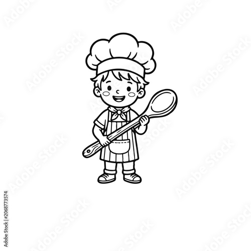 A cheerful cartoon boy dressed as a chef holding a spoon and spatula, ready to cook.