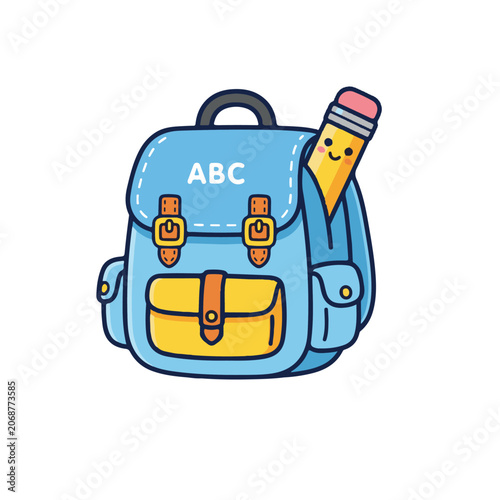 Vector illustration of a smiling cartoon pencil peeking out of a blue school backpack