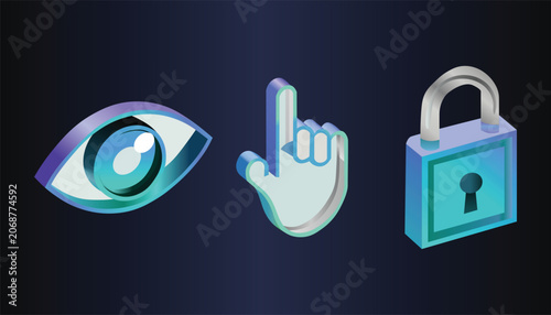Obraz na plátně Isometric 3D icons set representing vision, interaction, and security eye, curso