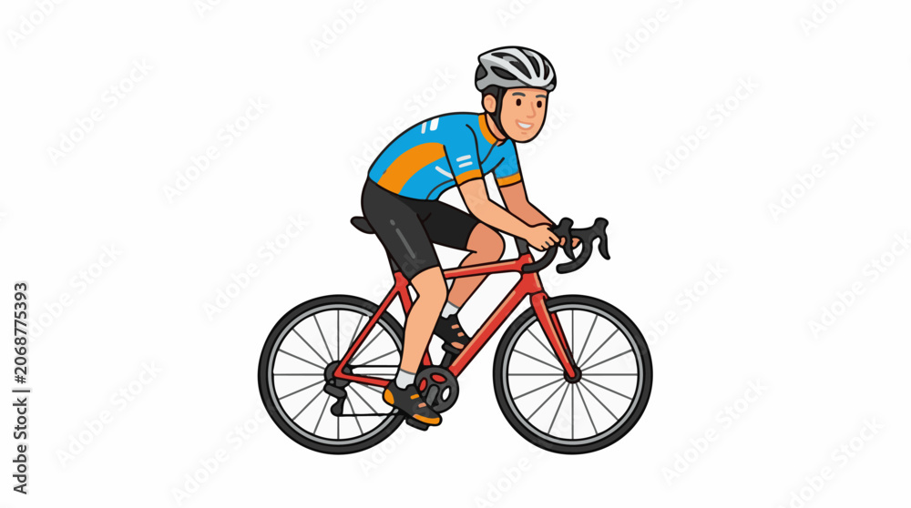 Naklejka premium A cartoon man in a blue and orange jersey rides a red bicycle