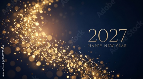2027 New Year background featuring elegant golden glittering sparkles and glowing bokeh light particles against a deep dark blue backdrop for festive holiday season greeting cards