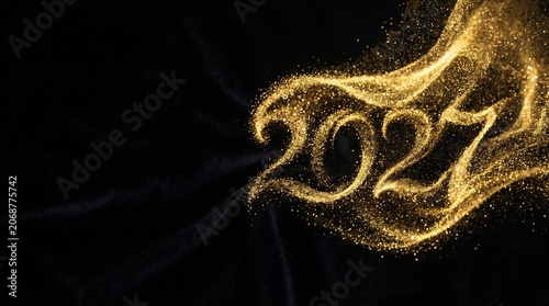 Golden 2024 text created from shimmering glitter particles floating over a dark black fabric background for a luxury new year celebration or festive holiday greeting