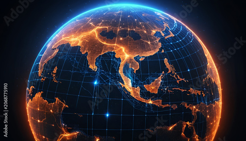 Globe radiates intense orange light patterns over Southeast Asia within a deep space atmosphere.