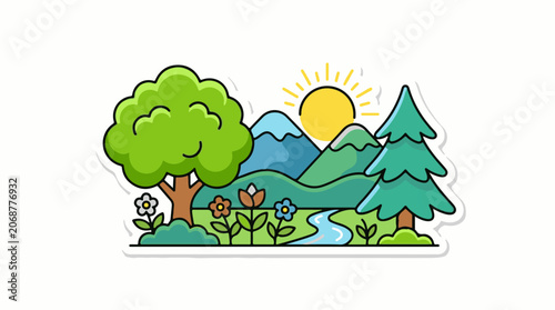 Cartoon landscape with tree, flowers, and mountain