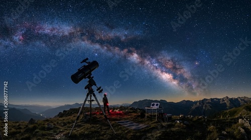 Astronomer Observes Milky Way at Mountain Location, Nighttime Panorama, Inspiring Universe Exploration