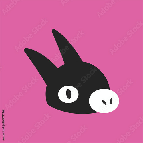 Stylized cartoon black rabbit or bunny head with large oval eyes and pink background