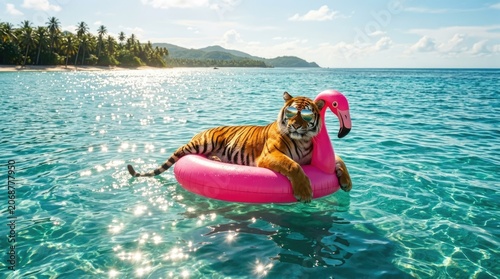 Relaxed tiger wearing sunglasses floats on a pink flamingo inflatable in the clear blue tropical ocean, enjoying a sunny beach day.