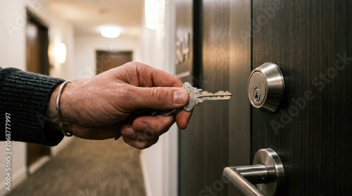 Close-up of a person's hand holding a key, about to unlock a dark wooden door in a modern building hallway