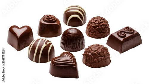 Assortment of dark and milk chocolates with various shapes and textures