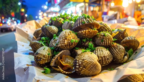 Grilled clams street food at night.