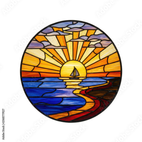 Stained Glass Sun Setting Over the Ocean with Sailboat