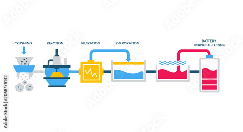 Battery Manufacturing Process Flow Diagram: Crushing, Reaction, Filtration, Evaporation