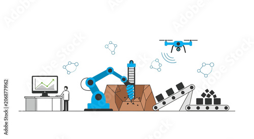 Automated Industrial Process: Drone, Robot Arm, Conveyor Belt, and Computer