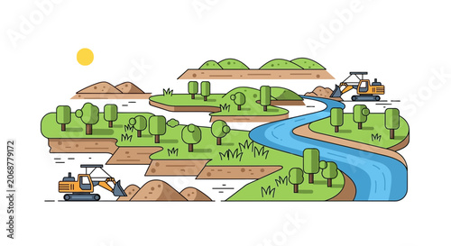 Construction of river channel with excavators, landscape design, engineering, environmental project