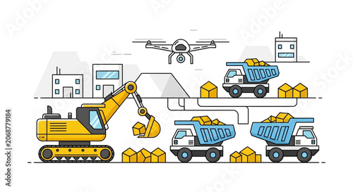 Construction site automation with excavator, dump trucks, and drone technology
