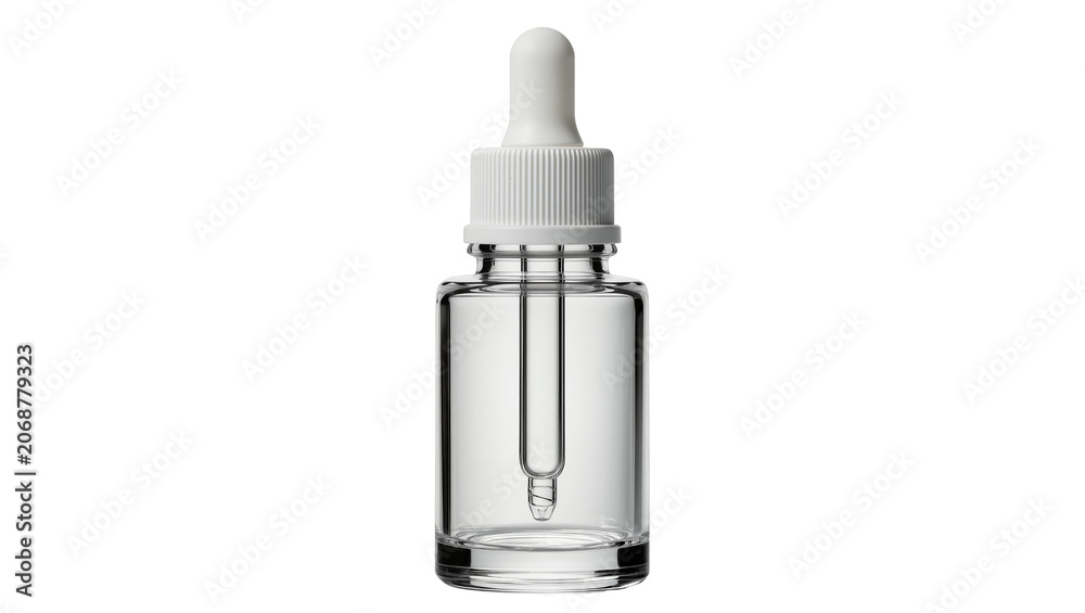 Naklejka premium Clear glass dropper bottle with white cap and liquid, isolated on transparent background
