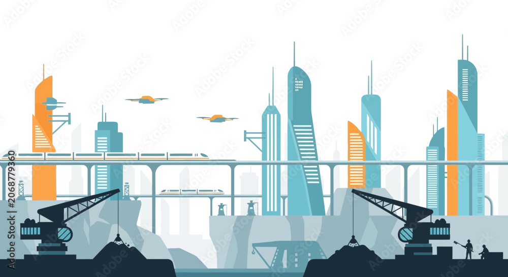 Obraz premium Futuristic cityscape with flying cars and high-speed train, modern architecture