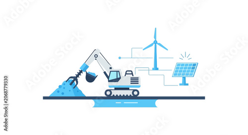 Excavator, Wind Turbine, Solar Panel: Renewable Energy and Construction Concept