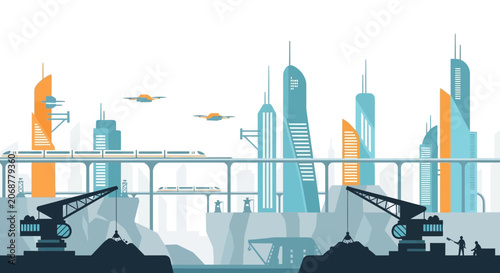 Futuristic cityscape with flying cars and high-speed train, modern architecture