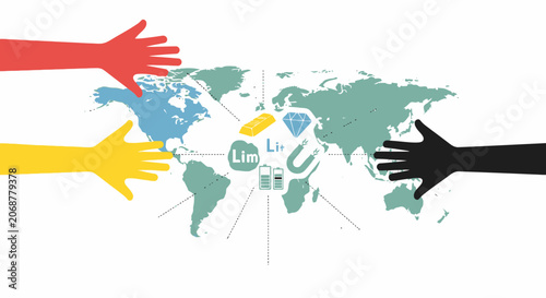 Global Collaboration Hands Reaching World Map, Innovation and Energy Resources
