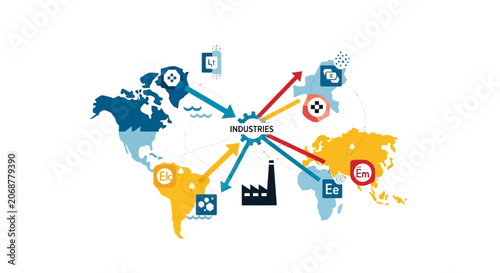 Global Industry Supply Chain and Logistics Map with Arrows and Icons