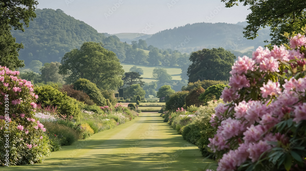 Fototapeta premium Expansive manicured garden avenue with vibrant pink rhododendrons and diverse plants under a clear sky
